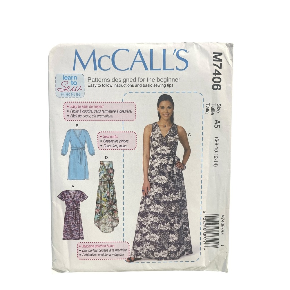 McCALL'S M7406 Misses' Wrap Dresses & Top A5 (6-8-10-12-14) Easy Sew UNCUT